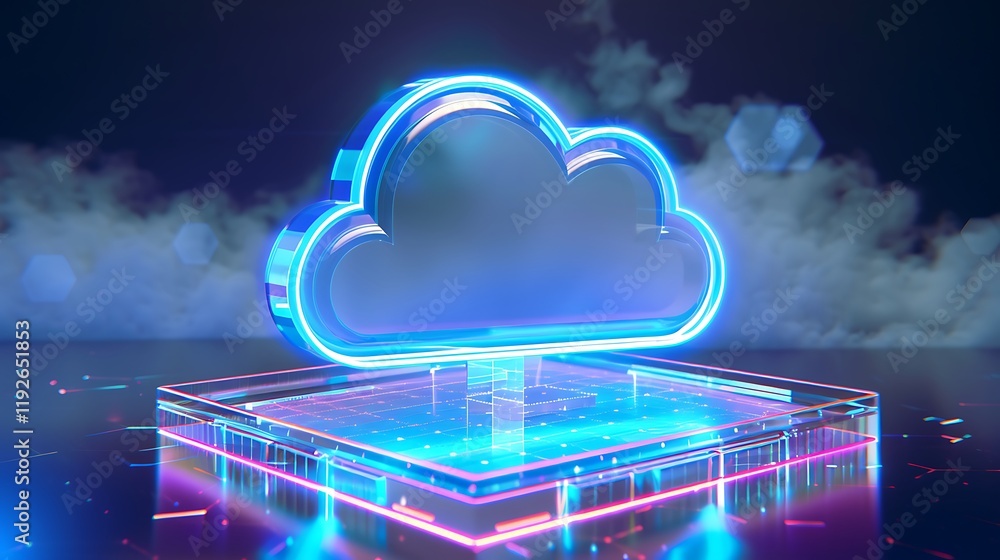 Poster futuristic cloud symbol with neon lights on platform in digital space with soft glowing effects