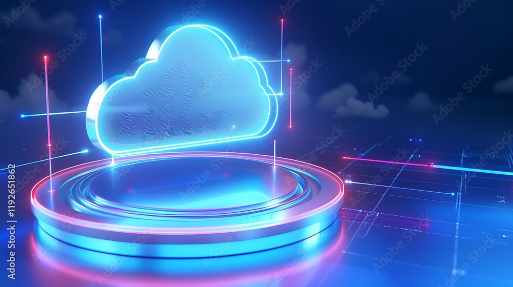 Poster futuristic cloud symbol with neon lights on digital platform representing cloud computing technology