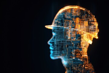 Futuristic Construction Worker Portrait with Digital Elements and Glow