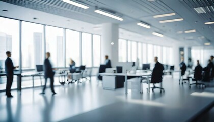 Abstract blurred interior modern office space with business people working banner background