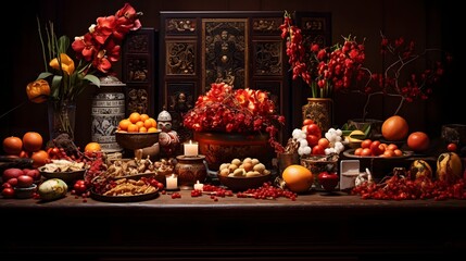 Festive arrangement of a traditional Chinese ancestral altar with red candles incense and various offerings for a cultural or religious ceremony