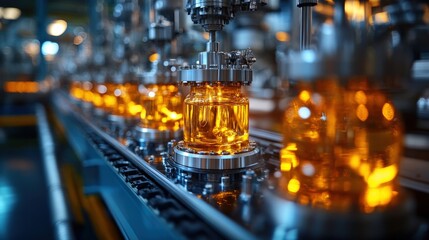Glass jars filled with golden liquid move along a production line in a modern factory, showcasing industrial processes and automated technology in beverage manufacturing.