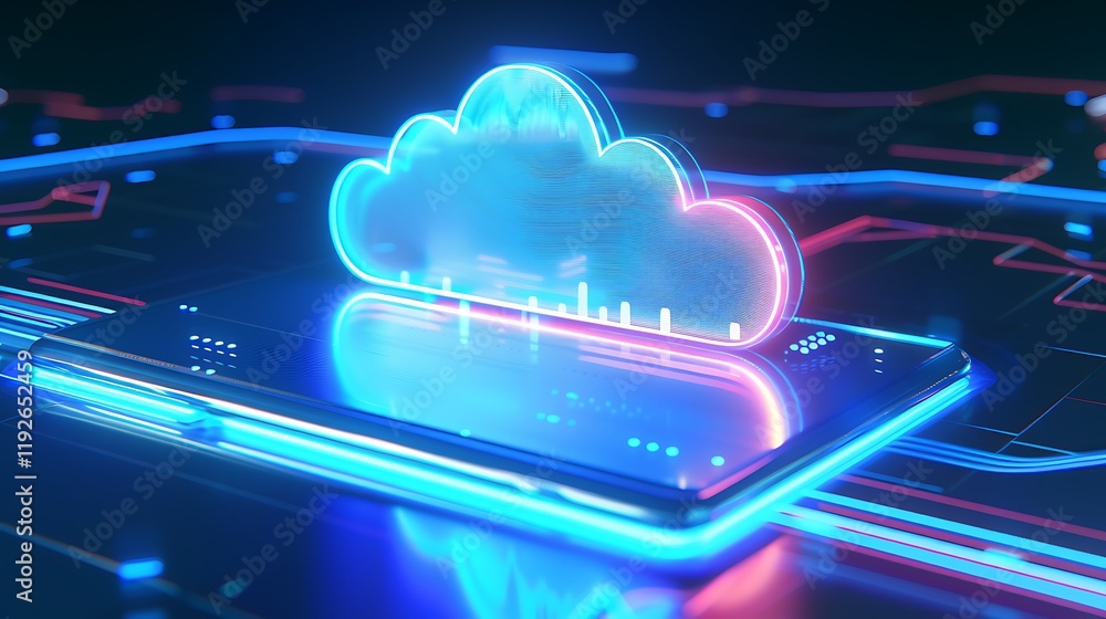 Poster futuristic cloud technology concept with neon colors and abstract circuit patterns on digital device