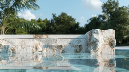 Summer vacation Beach Podium. Modern aesthetic sea and sand podium abstract scene. Empty stage minimalistic boho design background. Stand product showcase.