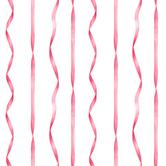 Seamless pattern of curled holiday ribbons. Watercolor illustration is hand drawn and isolated from the background. Simple pattern with stripes