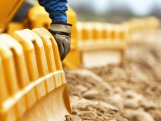 Construction worker ensuring proper installation of temporary barriers, safety gear in focus, [workplace security], [teamwork],