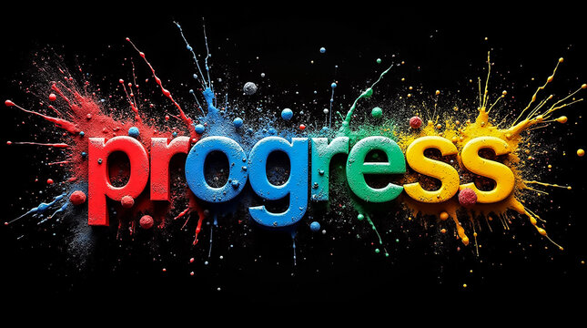 Colorful letters form the word progress, set against a black background, surrounded by dynamic splashes of paint in various vibrant hues, capturing a lively and creative spirit.