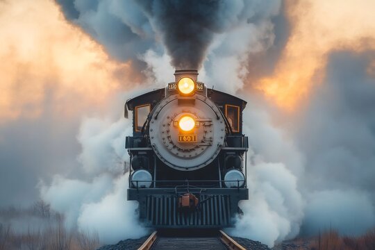 Steam train locomotive 1601 blowing smoke at sunset