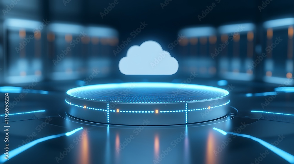 Poster futuristic data center environment with an intricate cloud computing concept and neon accents