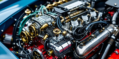 Intricate Close-Up of a Custom Race Car Engine Showcasing Unique Mechanical Design Element