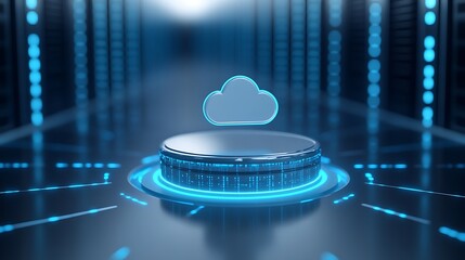 Futuristic Data Server Room with Cloud Symbol and Digital Technology Concept in Blue Light
