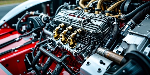 Intricate Close-Up of a Custom Race Car Engine Showcasing Unique Mechanical Design Element