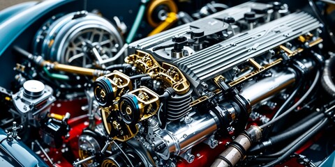 Fototapeta premium Intricate Close-Up of a Custom Race Car Engine Showcasing Unique Mechanical Design Element