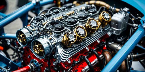 Intricate Close-Up of a Custom Race Car Engine Showcasing Unique Mechanical Design Element