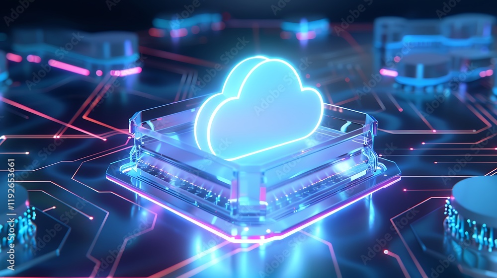 Poster futuristic digital cloud computing concept with neon lights and circuit board background