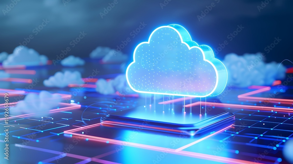 Poster futuristic digital cloud computing concept with neon glow, data connections, and virtual technology