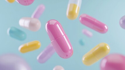 Capsules of various colors and sizes float in mid air, suspended against a soothing pastel blue backdrop, adding visual interest and charm