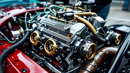 Intricate Close-Up of a Custom Race Car Engine Showcasing Unique Mechanical Design Element