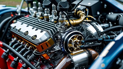 Fototapeta premium Intricate Close-Up of a Custom Race Car Engine Showcasing Unique Mechanical Design Element