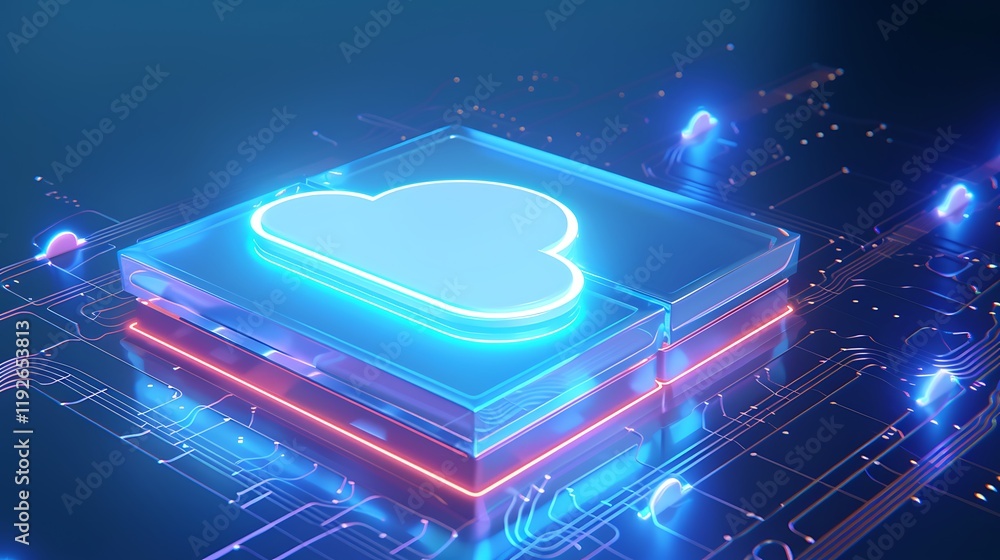 Poster futuristic digital cloud icon on circuit background with neon glow and abstract technology elements