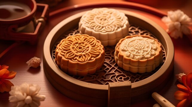 A close up shot showcasing an assortment of delicate and visually appealing traditional Chinese pastries artfully arranged on a vibrant red serving tray