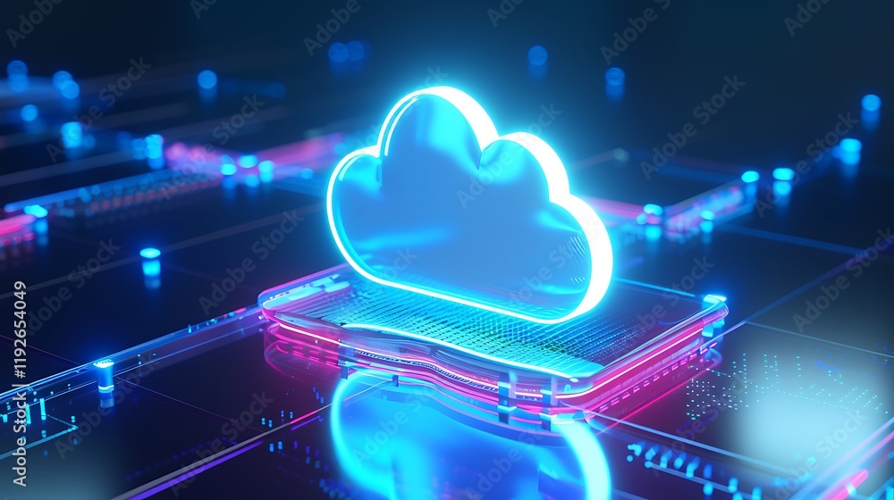 Aufkleber futuristic digital cloud icon surrounded by neon lights and circuit patterns in a technological envi