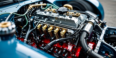 Obraz premium Intricate Close-Up of a Custom Race Car Engine Showcasing Unique Mechanical Design Element