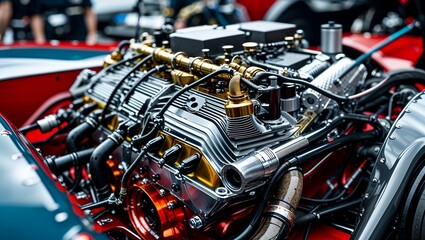 Fototapeta premium Intricate Close-Up of a Custom Race Car Engine Showcasing Unique Mechanical Design Element