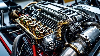 Intricate Close-Up of a Custom Race Car Engine Showcasing Unique Mechanical Design Element