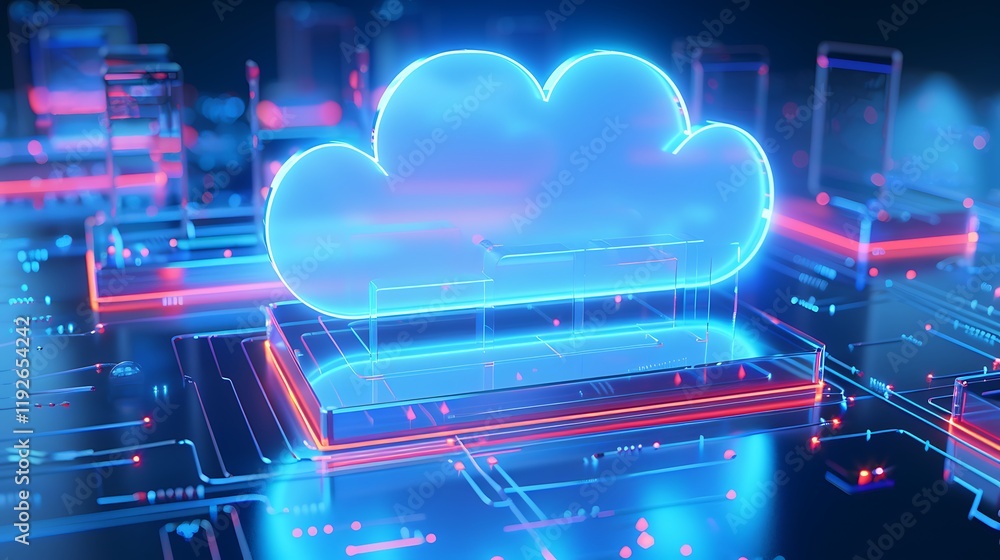 Poster futuristic digital cloud icon with neon lights and abstract circuitry background for technology conc