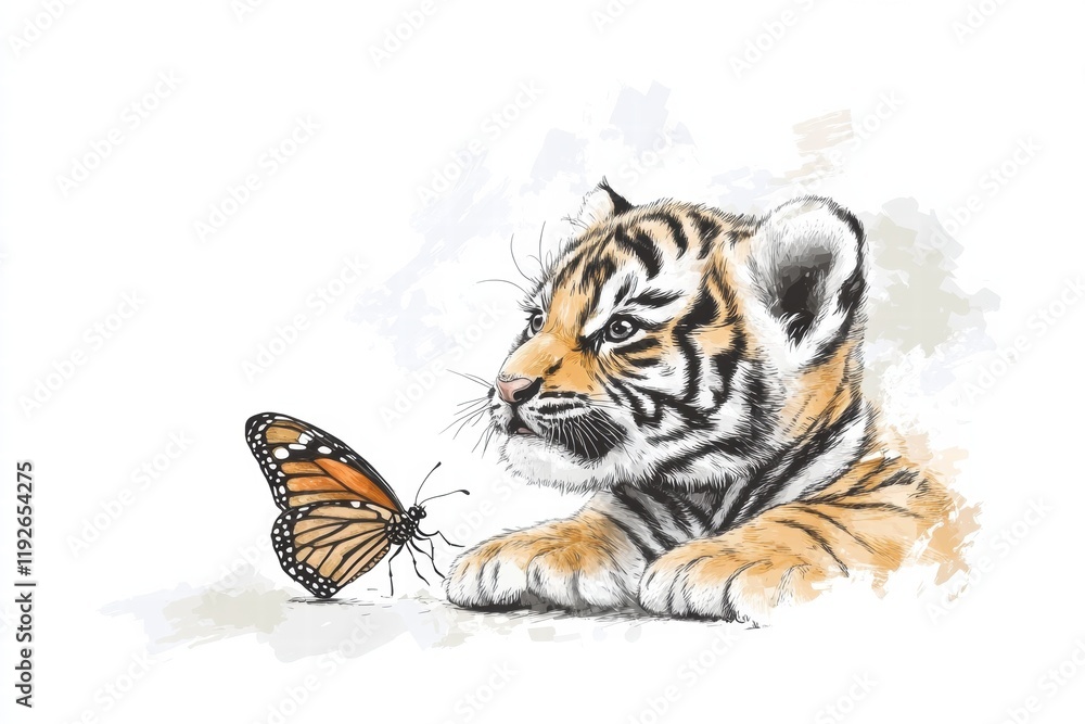 Poster tiger cub observes a butterfly in a serene setting, showcasing a moment of curiosity and wonder. gen