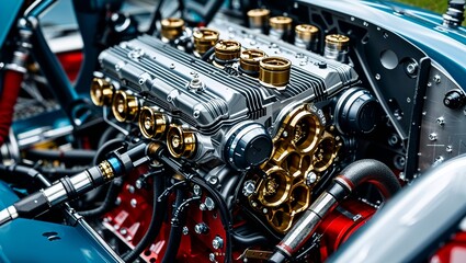 Fototapeta premium Intricate Close-Up of a Custom Race Car Engine Showcasing Unique Mechanical Design Element