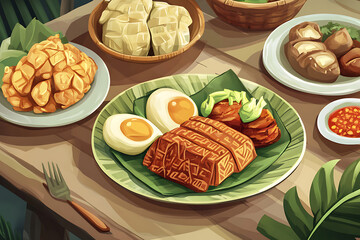 A vibrant spread of various dishes on a wooden table, showcasing traditional cuisine.