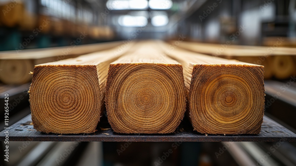 Aufkleber close-up view of freshly cut wooden logs displaying natural grain patterns in a lumber mill with sof