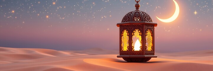 Ramadan Night Clay Lantern, Crescent Moon, and Starry Sky