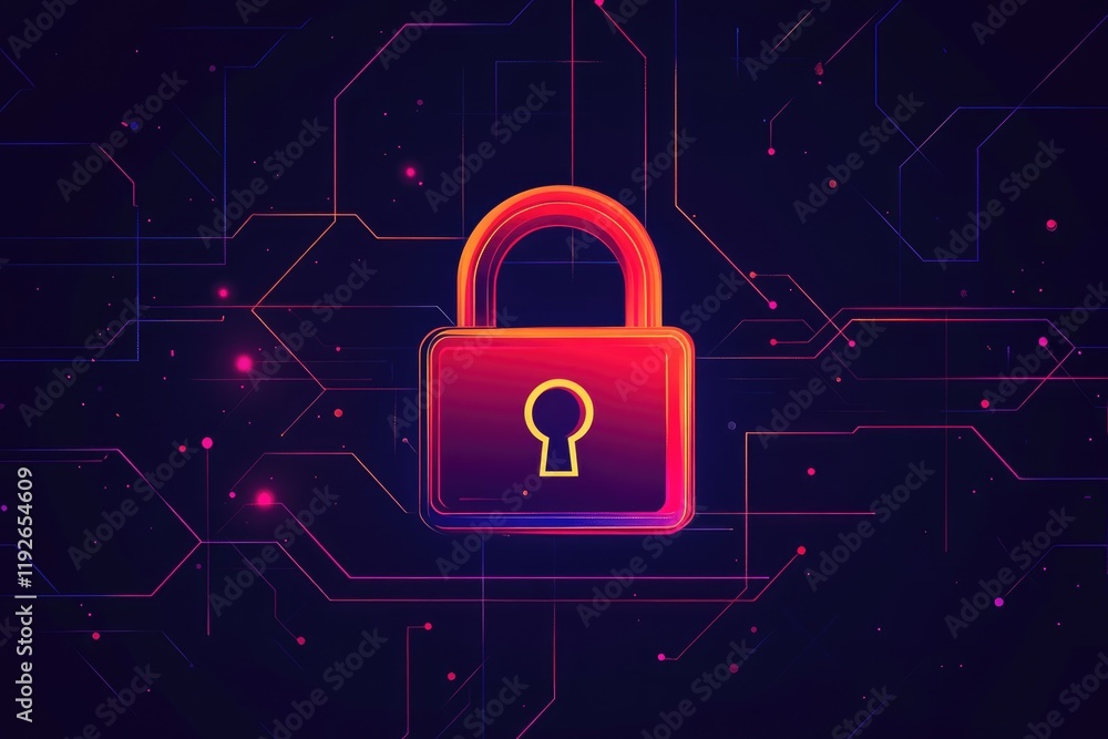 Poster Glowing padlock symbolizing digital security on circuit board background