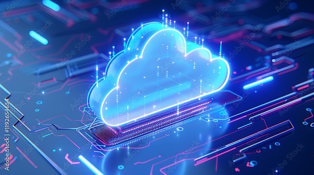 Poster futuristic digital cloud technology concept with glowing data connections on circuit board backgroun