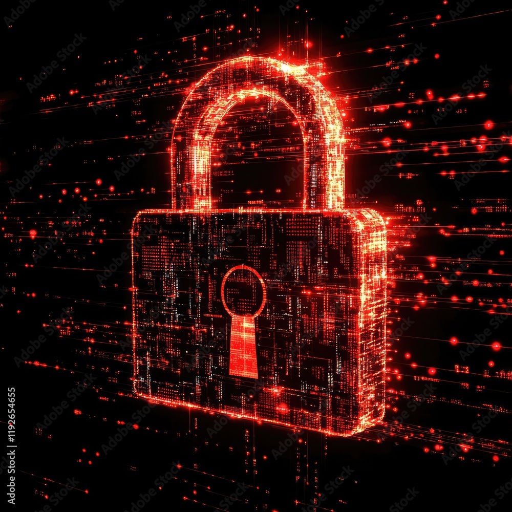 Poster Glowing padlock symbolizing digital security on binary code background