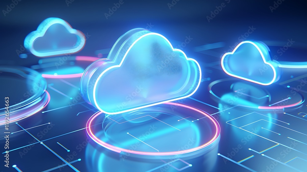 Poster futuristic digital cloud technology concept with glowing neon elements and circuit patterns