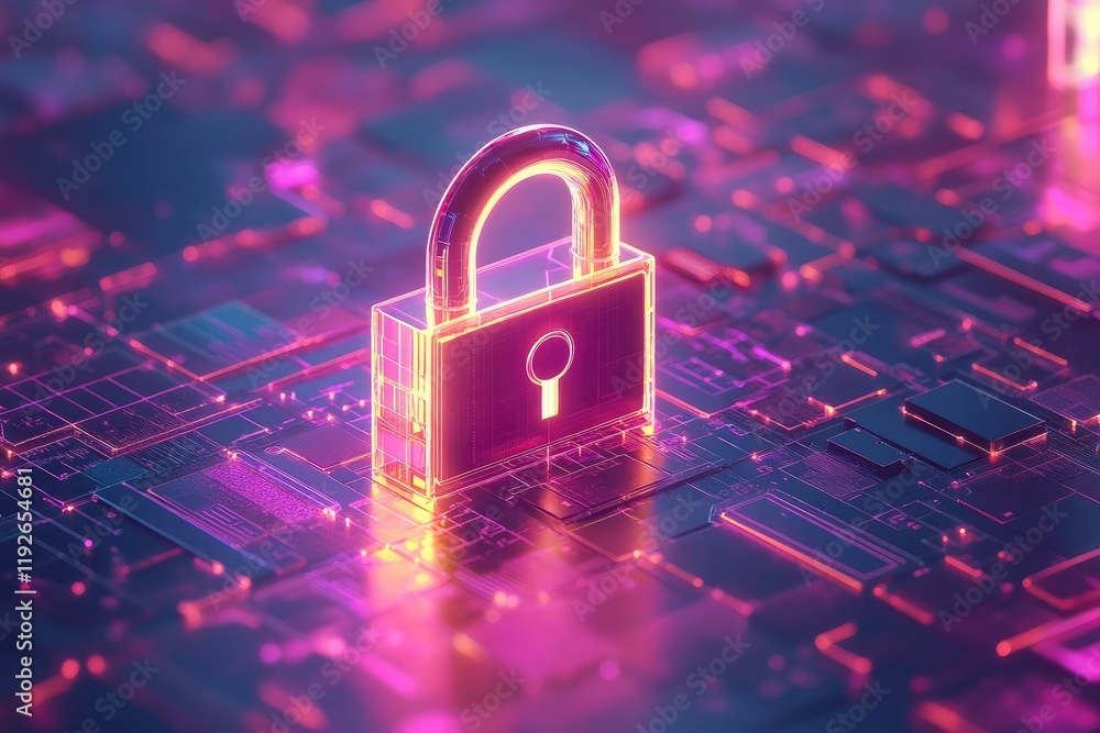 Poster Glowing padlock protecting digital data on futuristic circuit board