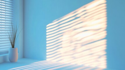 Obraz premium Soft light patterns dance across a blue wall, enhancing the calm ambiance of the room and highlighting a minimalist design