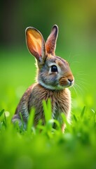 Bunny amidst lush green grass with upright ears gazing away, serene, outdoors, landscape