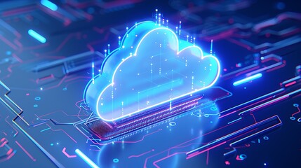 Futuristic digital cloud technology concept with glowing data connections on circuit board background