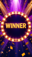 raffle winner celebration with glittering gold letters, marquee light border, purple rays, and confetti for a festive atmosphere