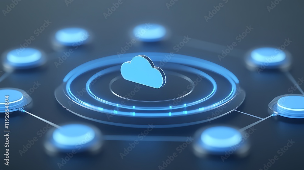 Poster futuristic digital cloud technology concept with networking circles and blue icons on dark backgroun