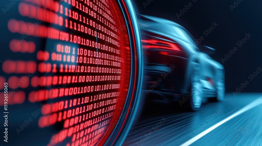 Poster futuristic car with binary code background in motion at night