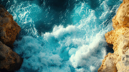 Obraz premium Waves crash against rocky shore, creating a vibrant ocean display at sunset