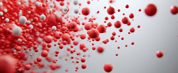Red & white spheres explode; abstract background; design