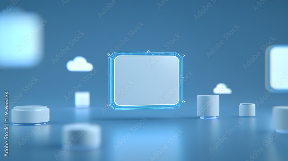 Poster futuristic digital interface with floating shapes and clouds on a light blue background