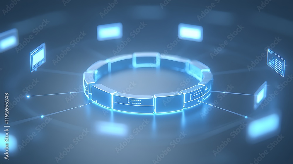 Poster futuristic digital interface with floating screens in a circular arrangement for technology concepts